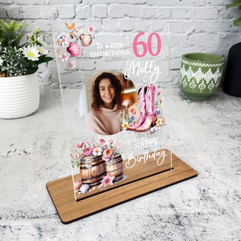 60th Birthday Gift Pink Floral Cowgirl Boots Photo Personalised Gift Plaque – The Card Zoo