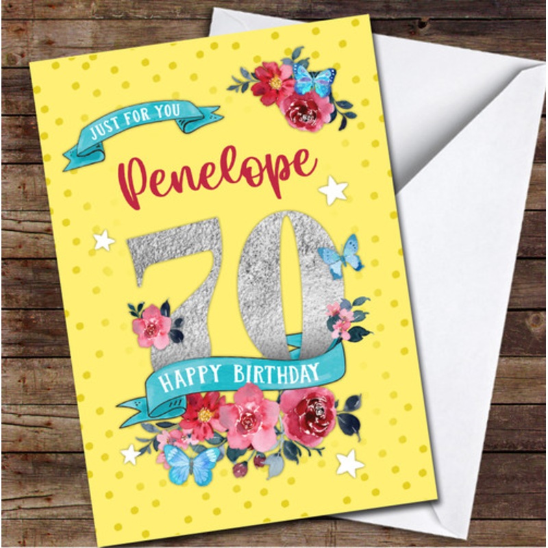 70th Female Flowers Butterfly Yellow Any Age Personalised Birthday Card – The Card Zoo
