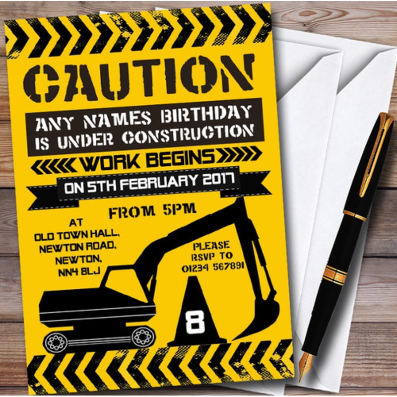 Caution Digger Under Construction Children’s Birthday Party Invitations – The Card Zoo