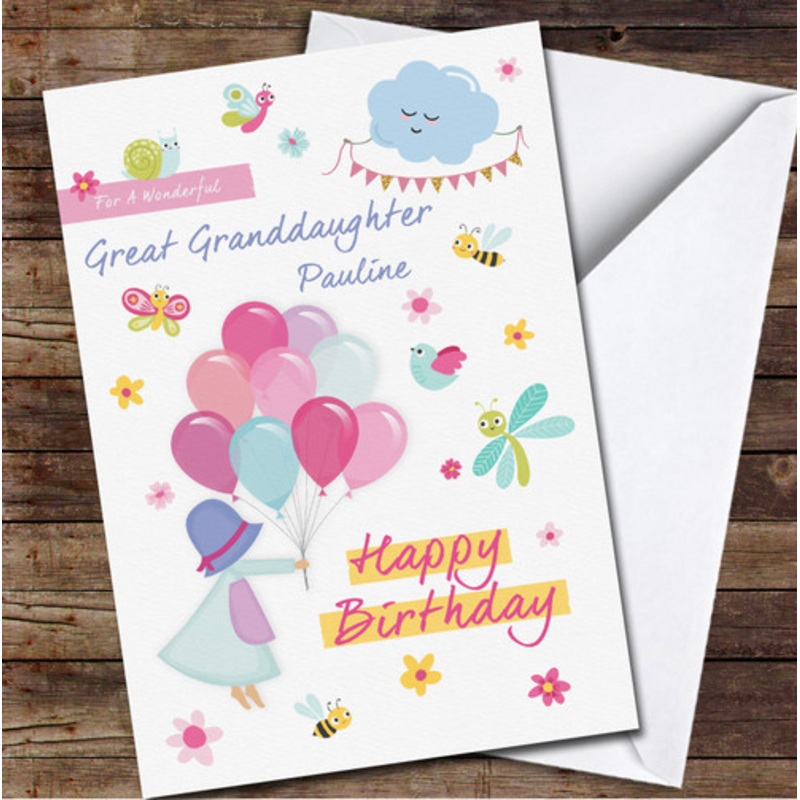 Great Granddaughter Flying Girl With Balloons Any Text Birthday Card – The Card Zoo