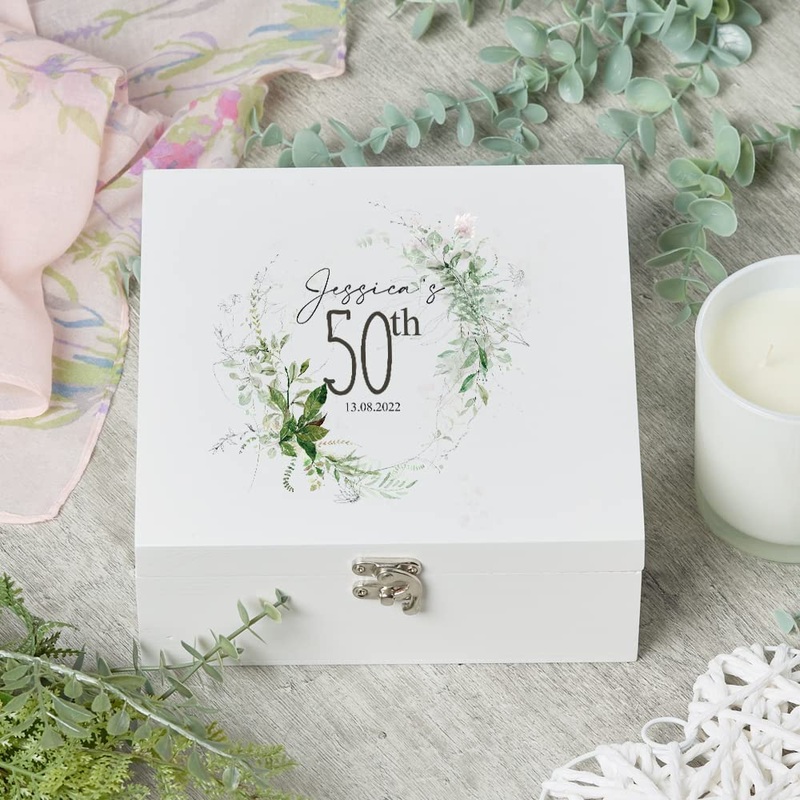 Personalised 50th Birthday Keepsake Wooden Box Gift With Botanical Design
