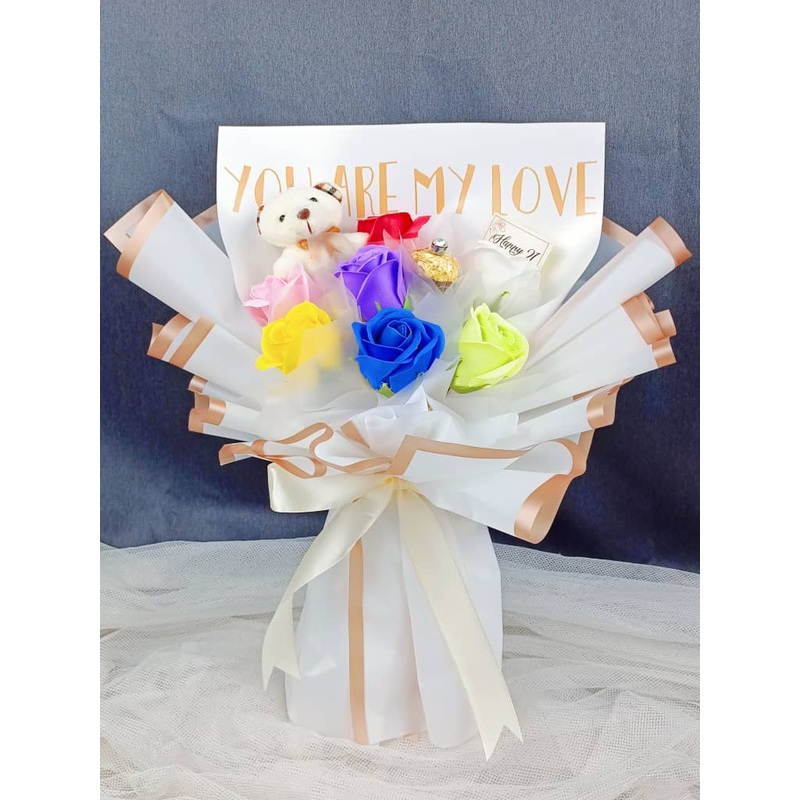 Rainbow Soap Rose With Bear Bouquet  (Artificial Flower) | (Klang Valley Delivery Only)