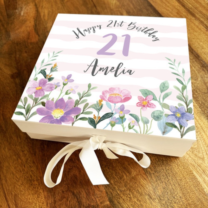 Flower Floral Pink Any Age 21st Purple Square Personalised Birthday Gift Box – The Card Zoo