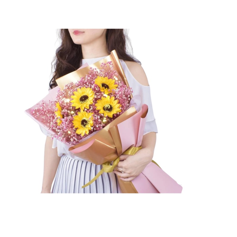 [Fresh Flower] Pink Gold Sunflower Baby Breath Bouquet (Klang Valley Delivery Only)