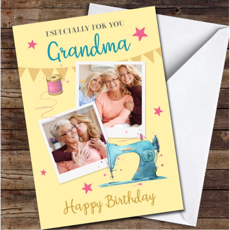 Grandma Sewing Machine Seamstress Yellow Photo Personalised Birthday Card – The Card Zoo