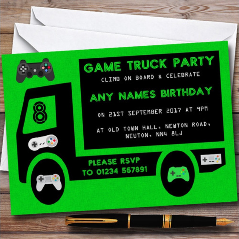 Green Game Truck Gaming Personalised Children’s Birthday Party Invitations – The Card Zoo