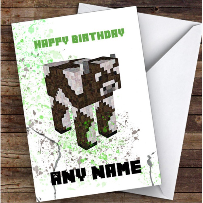 Minecraft Cow Splatter Art Children’s Kids Personalised Birthday Card – The Card Zoo