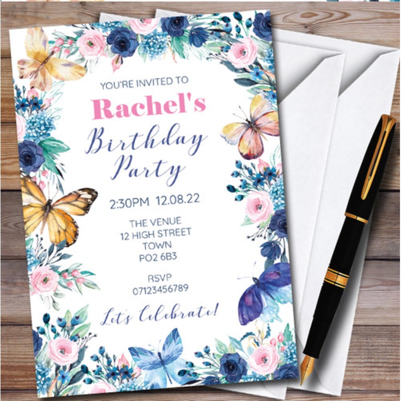 Blue Butterfly Flower Border Personalised Birthday Party Invitations – The Card Zoo