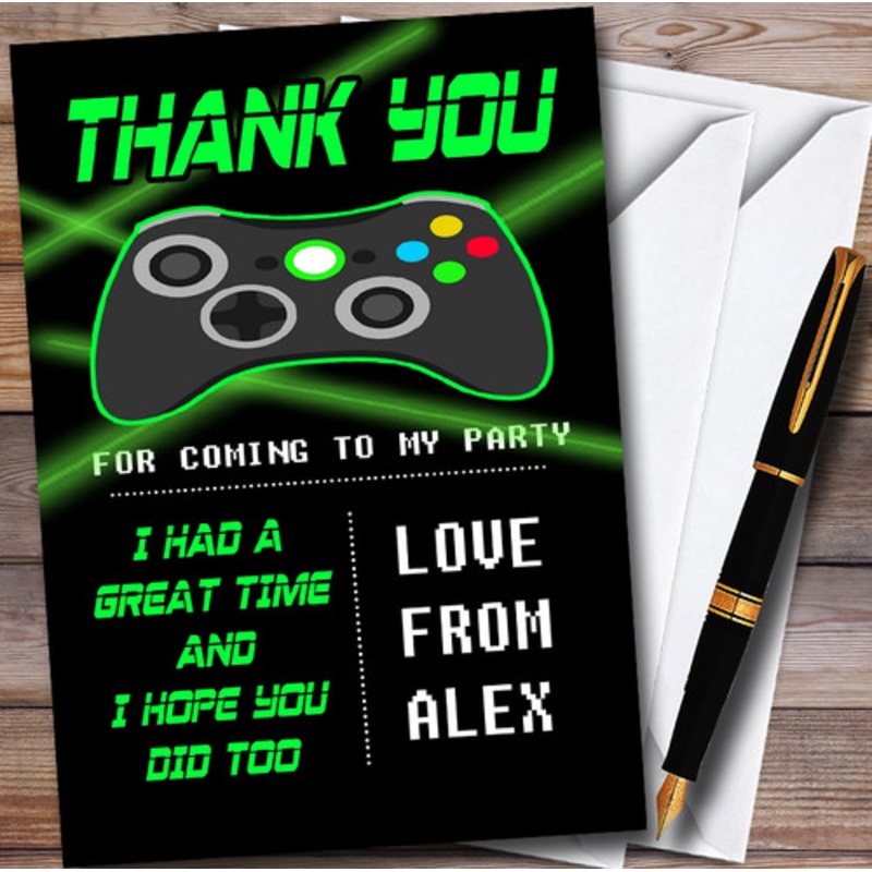 Green and Black Laser Gaming Personalised Children’s Birthday Party Thank You Cards – The Card Zoo