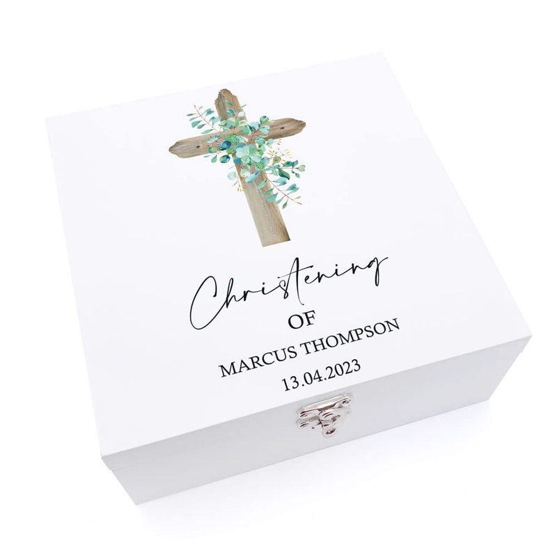 Personalised Christening Gift Wooden Keepsake Memory Box Natural Cross