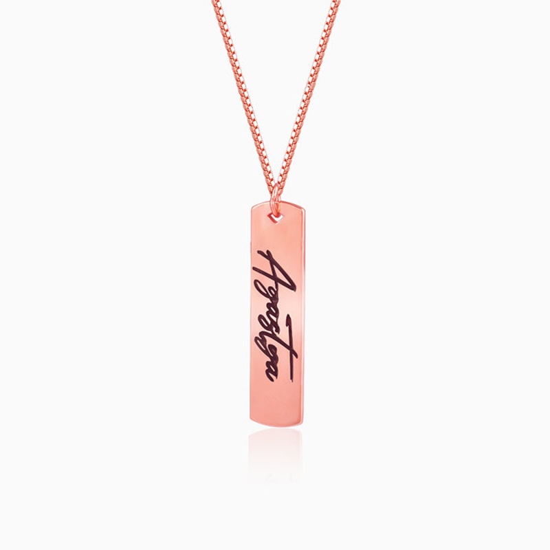 Rose Gold Personalised Vertical Bar Name Pendant with Box Chain For Him