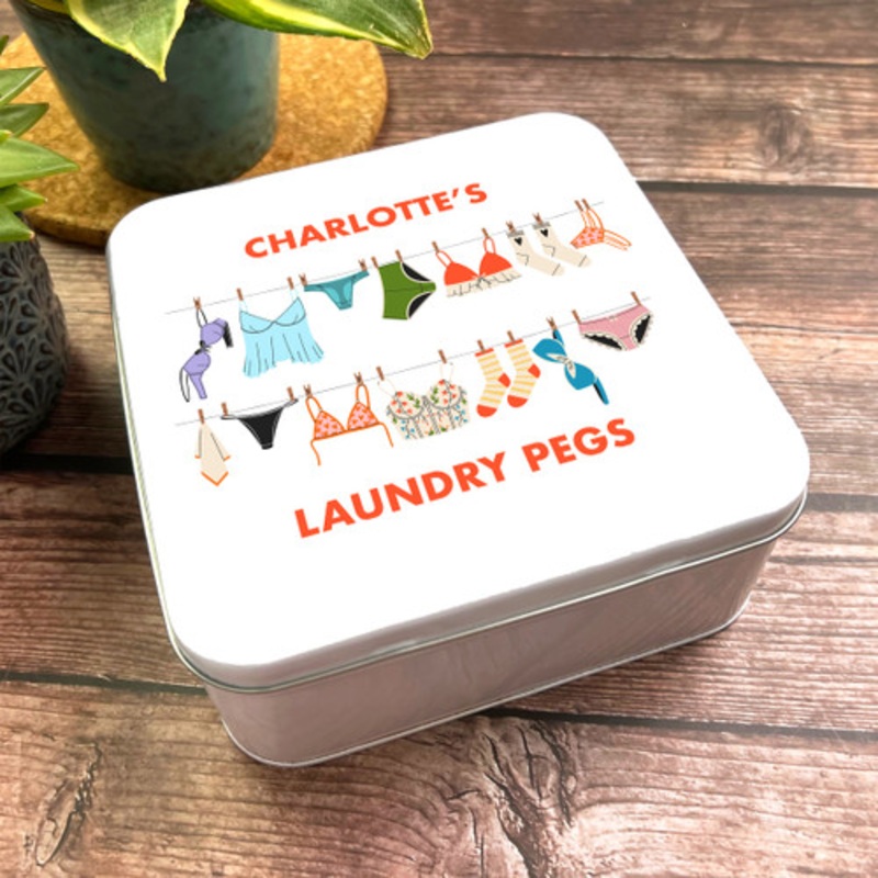 Square Washing On The Line Laundry Pegs Personalised Tin – The Card Zoo