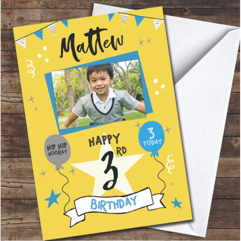 3rd Birthday Boy Party Yellow Photo Personalised Birthday Card – The Card Zoo