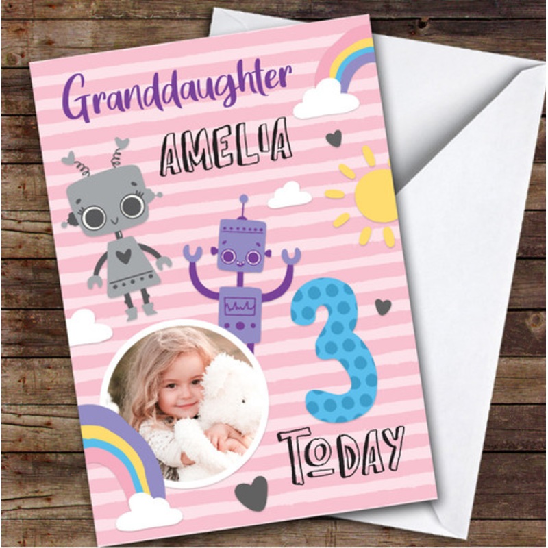 Girl’s Robot Rainbow Photo Granddaughter 3rd Birthday Personalised Birthday Card – The Card Zoo