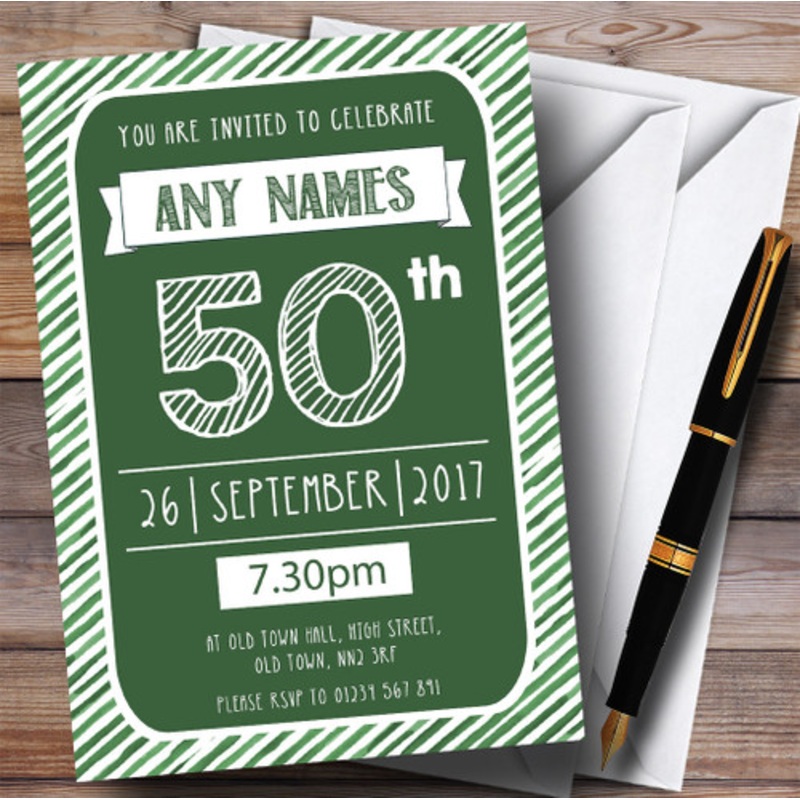 Green and White Stripy Deco 50th Personalised Birthday Party Invitations – The Card Zoo