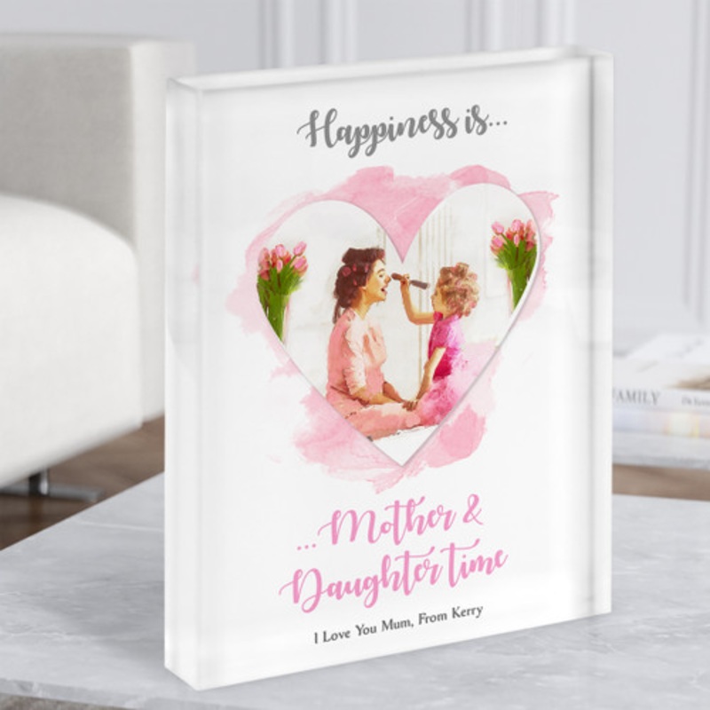 Happiness Is Mother And Daughter Time Painted Heart Pink Gift Acrylic Block – The Card Zoo