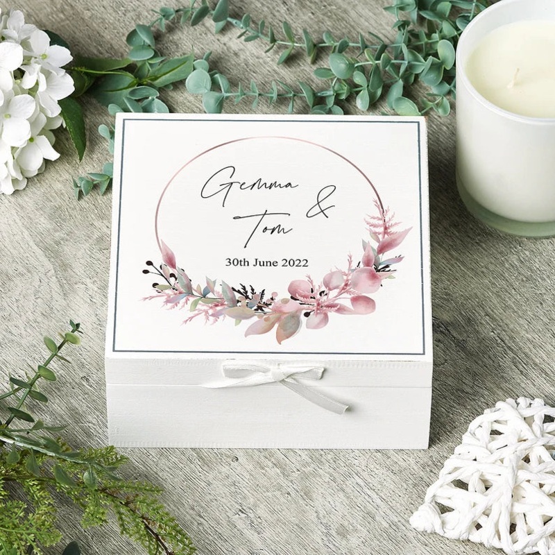 Personalised Wedding Vintage Wooden Box Gift With Floral Theme