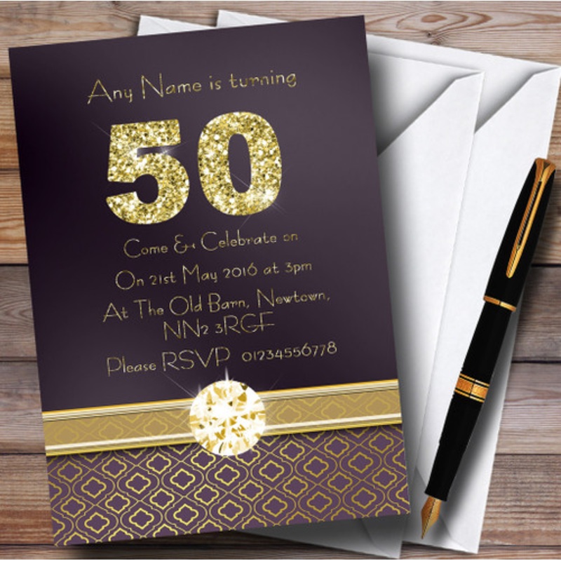 Purple Satin And Gold 50th Personalised Birthday Party Invitations – The Card Zoo