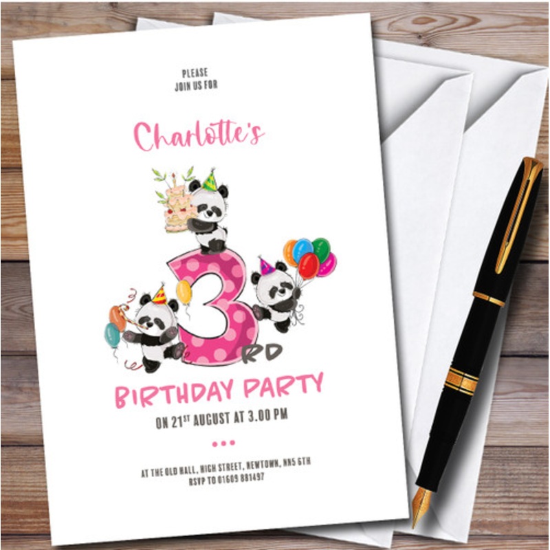 Cute Panda Bears 3rd Personalised Children’s Kids Birthday Party Invitations – The Card Zoo