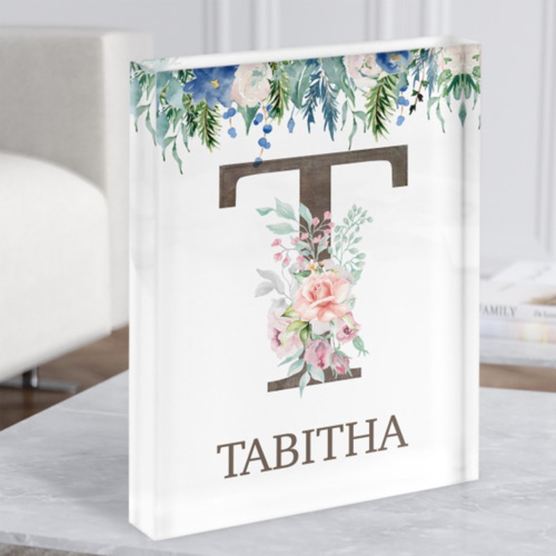 Floral Any Name Initial T Personalised Acrylic Block – The Card Zoo