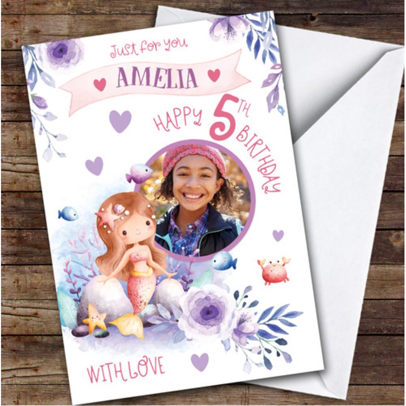 Girl’s Mermaid Purple Photo 5th Birthday Personalised Birthday Card – The Card Zoo
