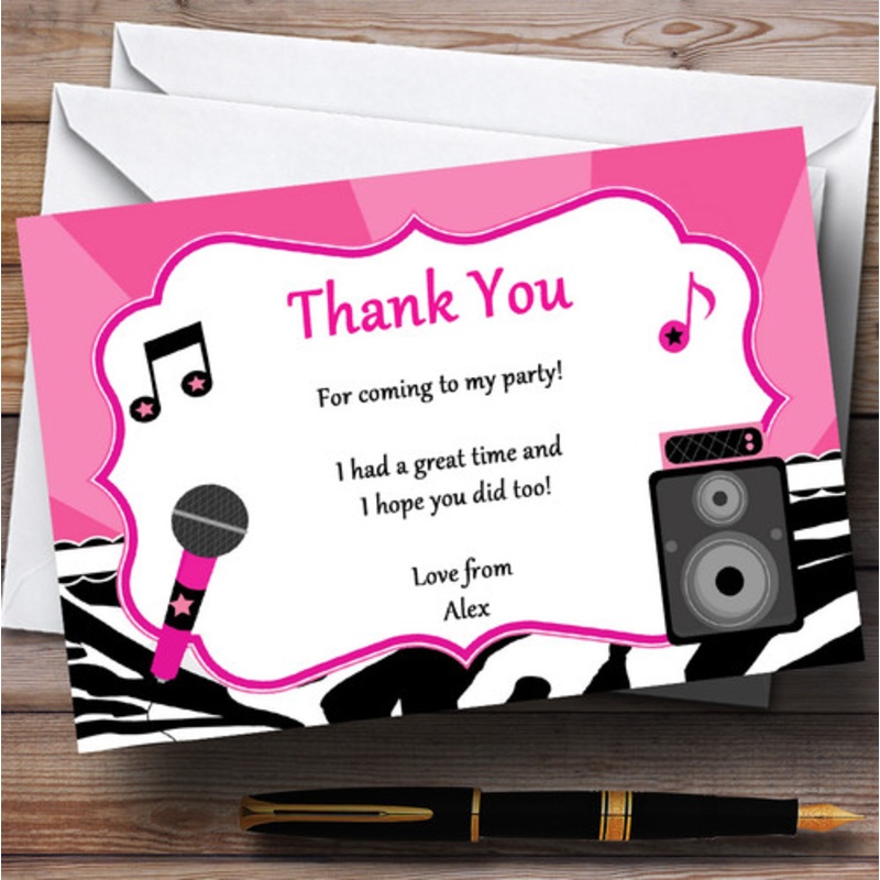 Karaoke Pop star Black And Pink Personalised Birthday Party Thank You Cards – The Card Zoo