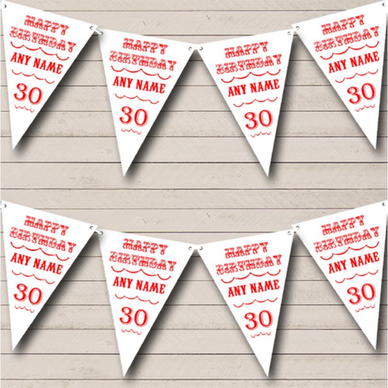 Vintage Text Any Age Birthday White And Red Personalised Birthday Party Bunting – The Card Zoo
