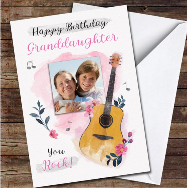 Granddaughter Guitar Music Pink Flowers Painted Photo Personalised Birthday Card – The Card Zoo