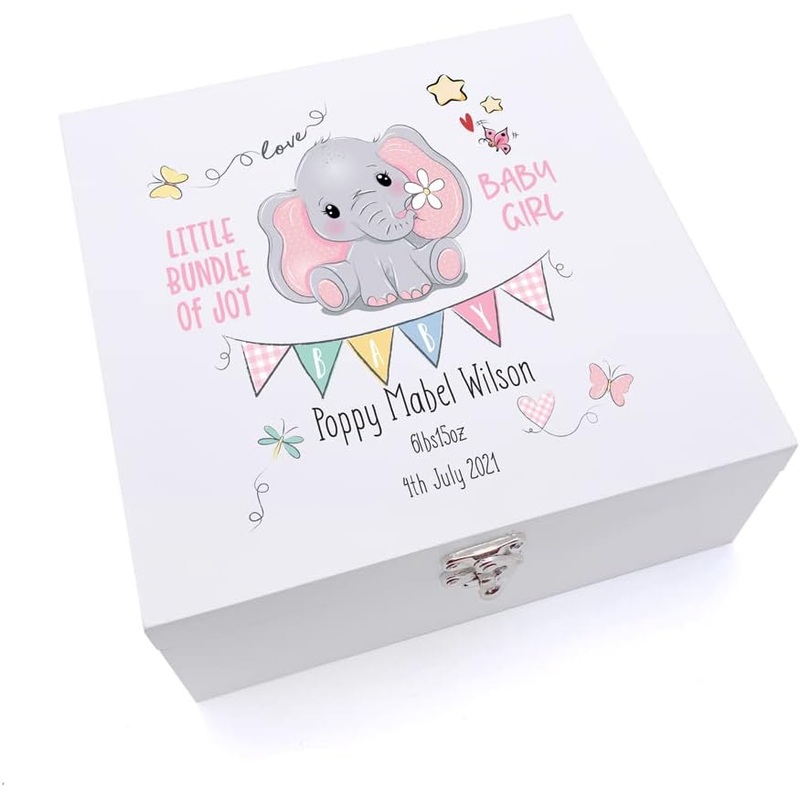Personalised Luxury Wooden Baby Girl Keepsake Box Elephant Design