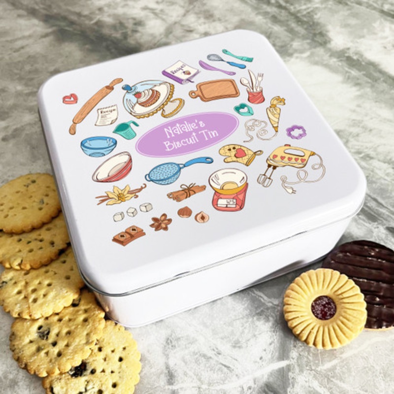 Personalised Square Baking Tools Cartoon Icons Cake Treat Sweets Biscuit Tin – The Card Zoo