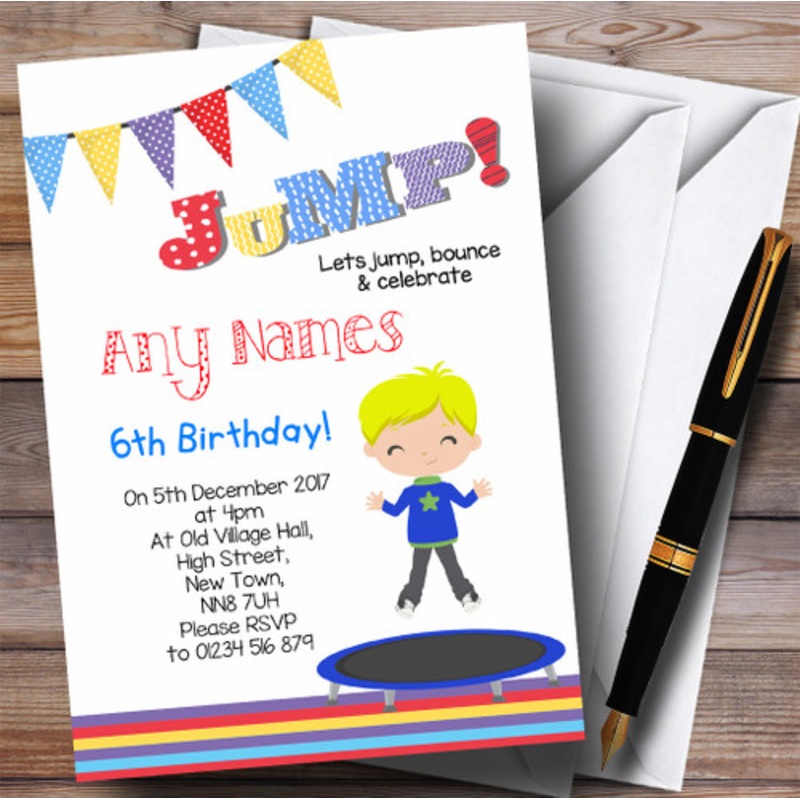 Blonde Boy Trampoline Children’s Birthday Party Invitations – The Card Zoo