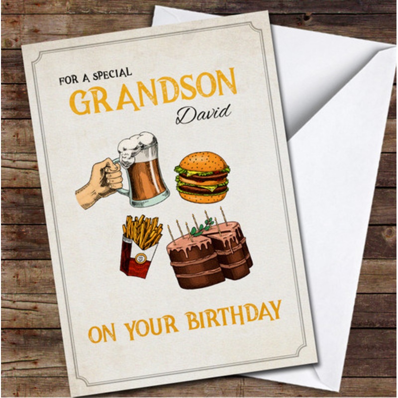 Grandson Retro Style Burger Beer Fries And Cake Personalised Birthday Card – The Card Zoo
