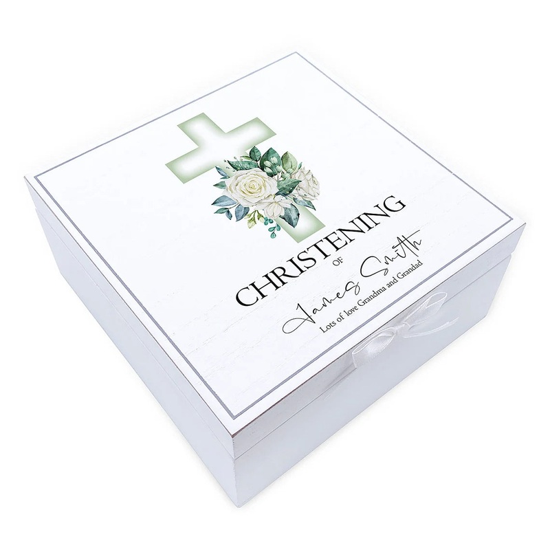 Personalised Christening Vintage Wooden Box With Green Cross CGUV-5