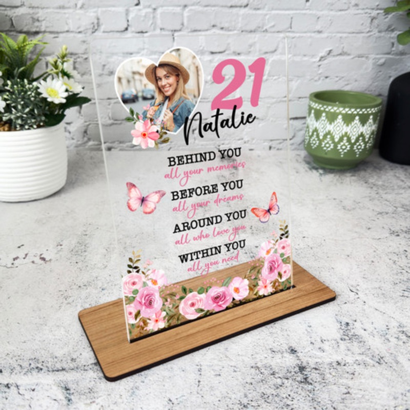 21st Birthday Gift Floral Heart Photo Copy Personalised Gift Acrylic Plaque – The Card Zoo