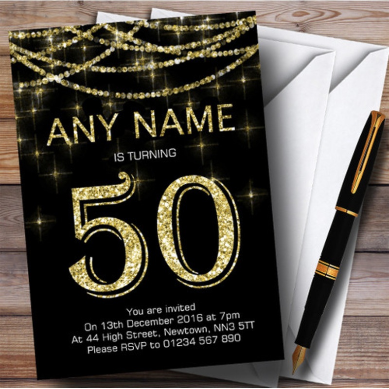 Black and Gold Sparkly Garland 50th Personalised Birthday Party Invitations – The Card Zoo