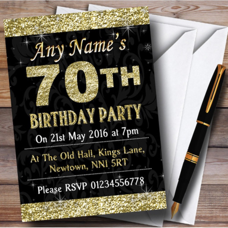 Glitter Look Gold 70th Birthday Party Personalised Invitations – The Card Zoo