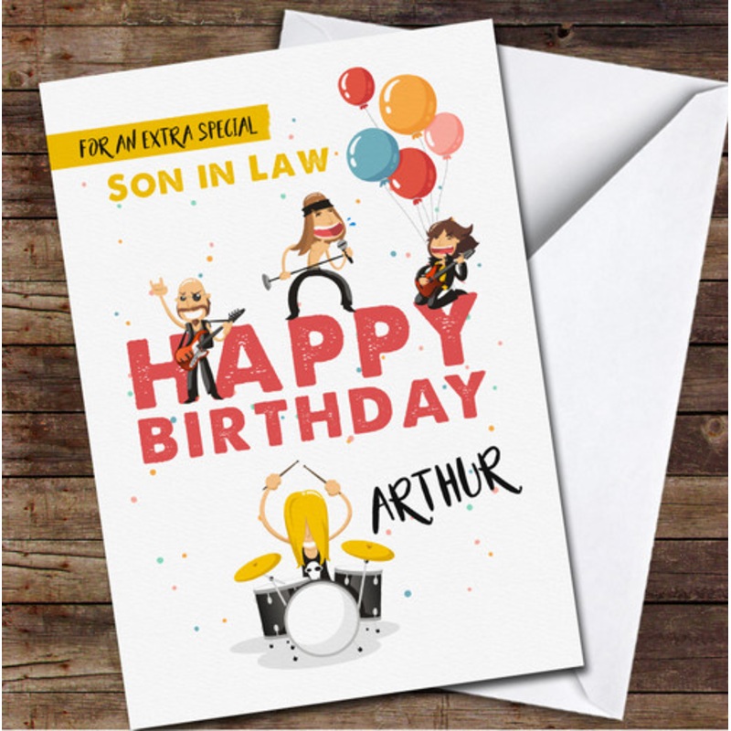 Son In Law Rock Band With Balloons Any Text Personalised Birthday Card – The Card Zoo