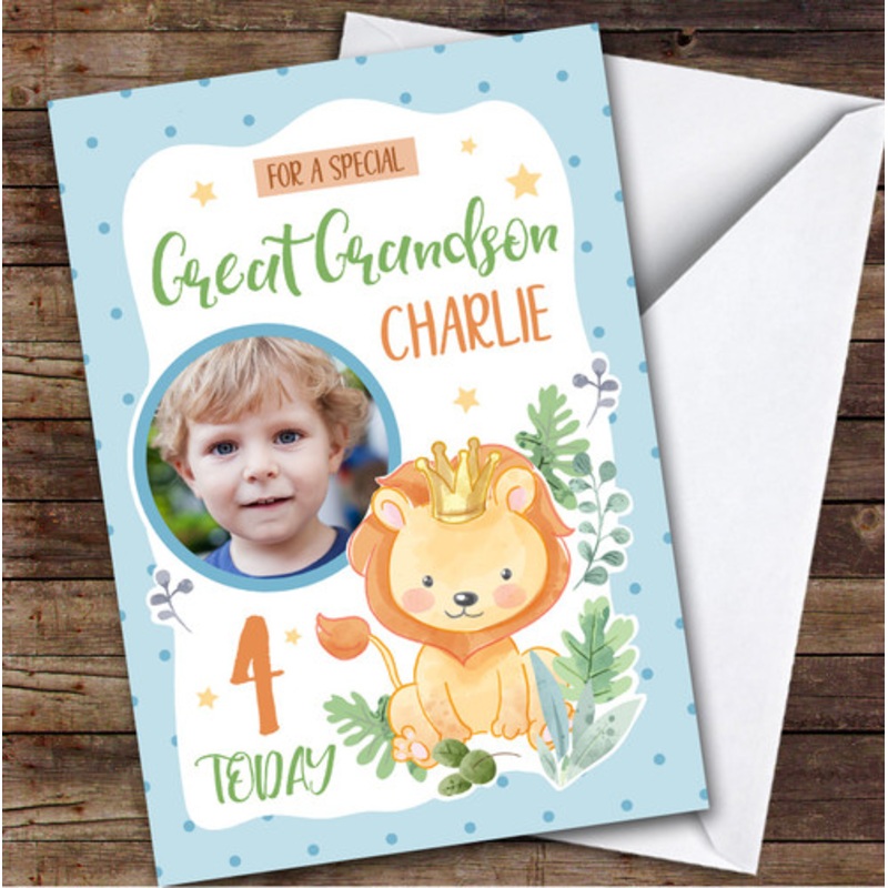 Boy’s Lion Blue Photo Great Grandson 4th Birthday Personalised Birthday Card – The Card Zoo