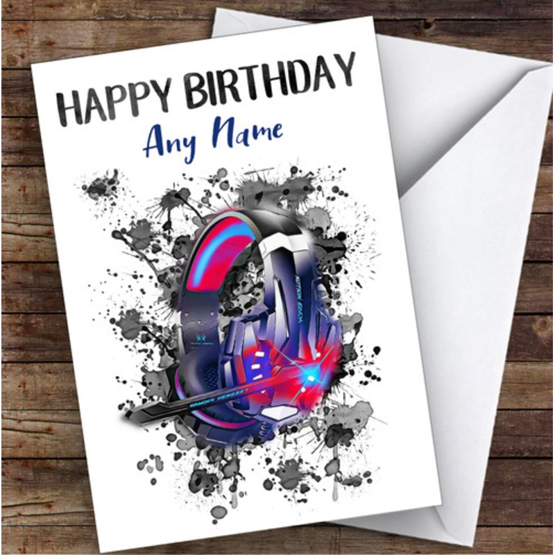 Gaming Headphones Splatter Art Children’s Kids Personalised Birthday Card – The Card Zoo