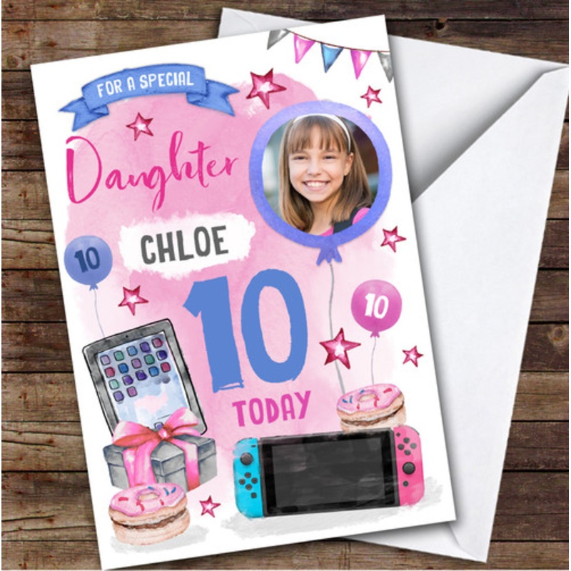 Girl’s Tech Gamer Gaming Donut Photo Daughter 10th Birthday Personalised Card – The Card Zoo
