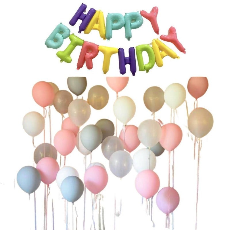 Pastel-Matte Balloon Backdrop + 16 Inch Macaron Foil Happy Birthday Set