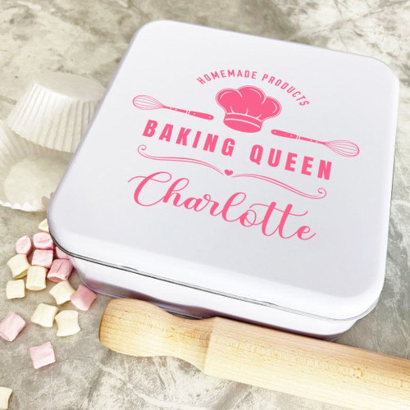 Personalised Square Baking Queen Chefs Hat Whisk Biscuit Baking Sweets Cake Tin – The Card Zoo