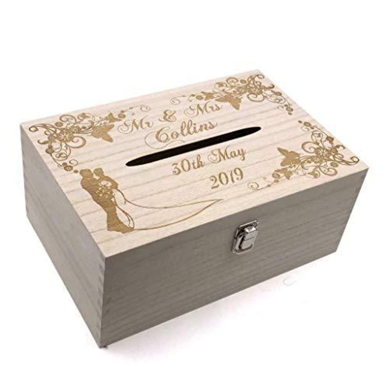 Raised Words Personalised Wedding Wooden Post Box with Slot Cards Drop in Memory Box