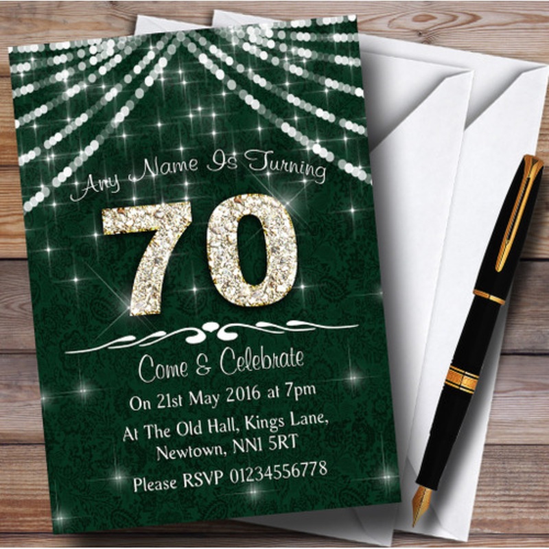 70th Green and White Bling Sparkle Birthday Party Personalised Invitations – The Card Zoo
