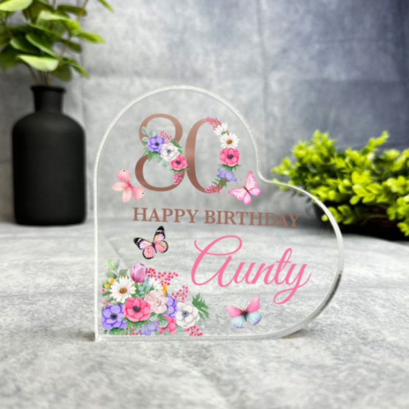 80th Aunty Pink Purple Floral Happy Birthday Present Heart Plaque Keepsake Gift – The Card Zoo