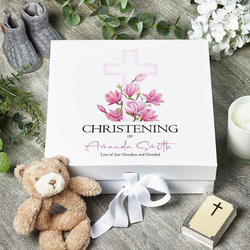 Personalised Christening Pink Cross Keepsake Memory Box Gift