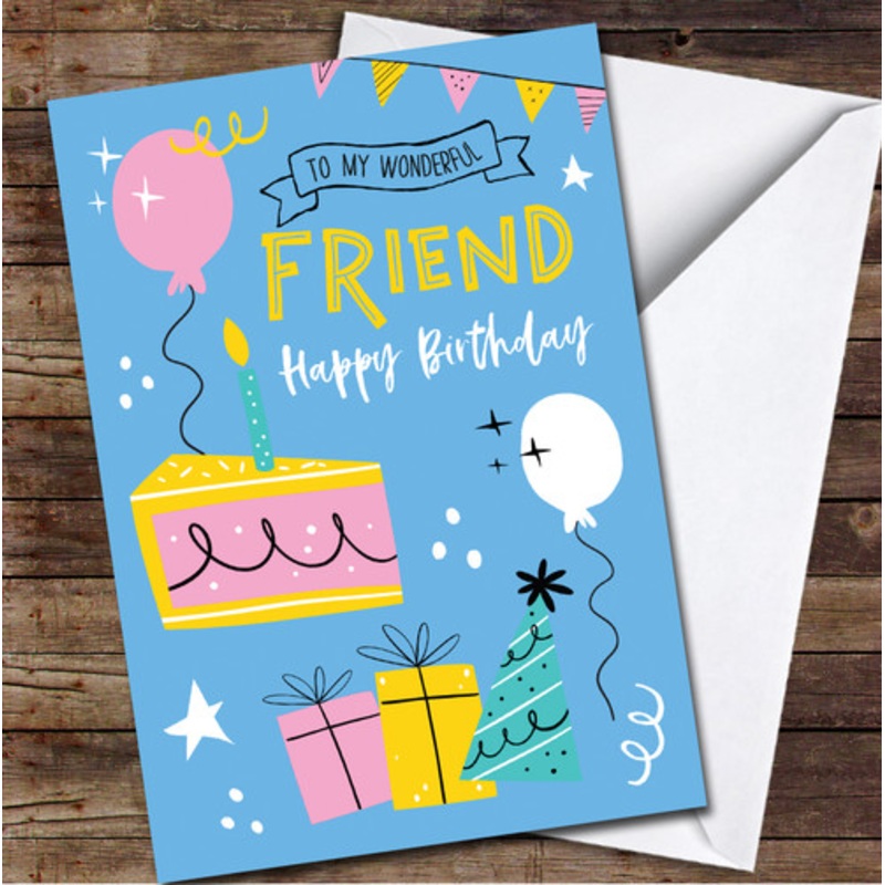 Wonderful Friend Birthday Female Cake Bright Fun Party Icons Personalised Card – The Card Zoo