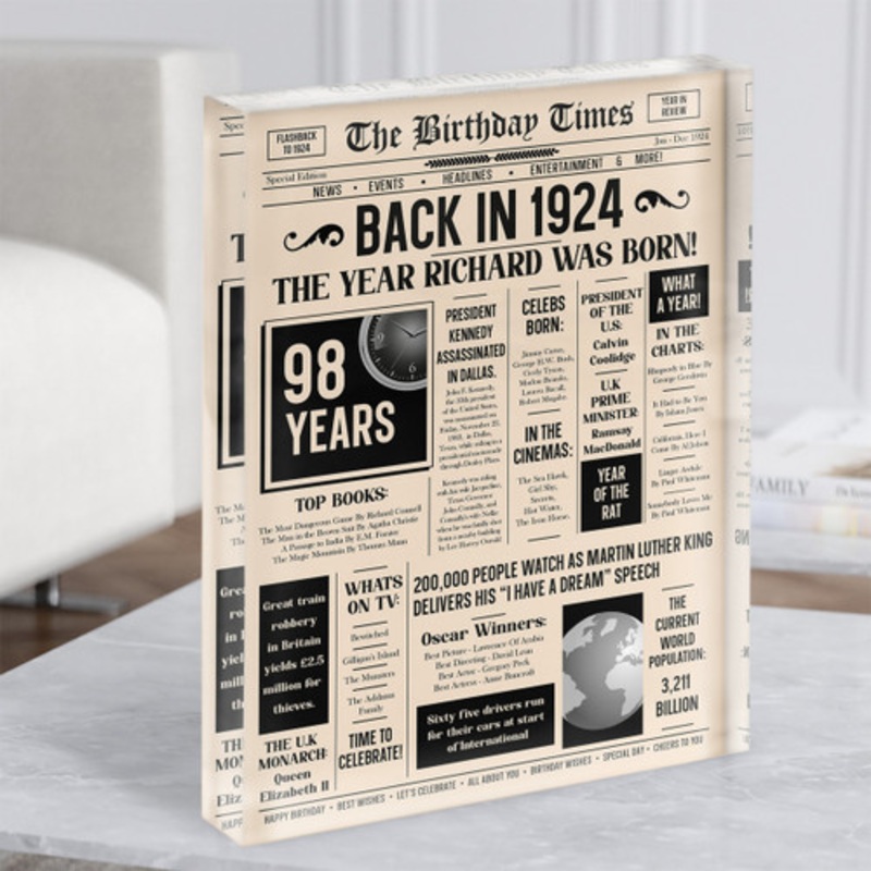 1924 Newspaper Any Age Any Year You Were Born Birthday Facts Gift Acrylic Block – The Card Zoo