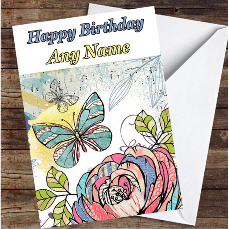 Abstract Vintage Flowers Rose and Butterflies Personalised Birthday Card – The Card Zoo