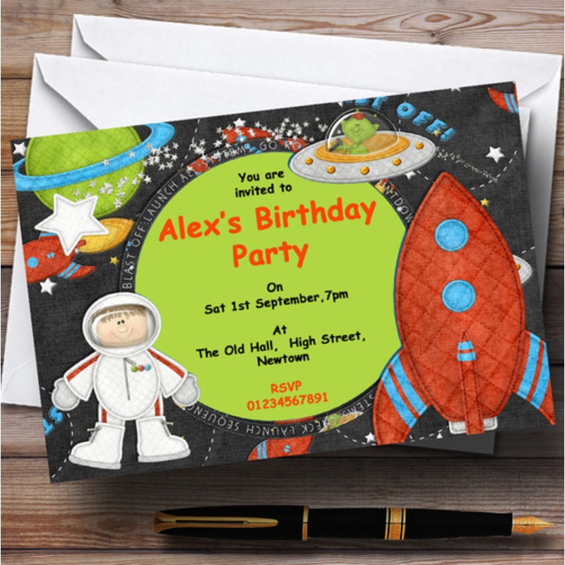 Cute Spaceman Astronaut Alien And Rocket Personalised Birthday Party Invitations – The Card Zoo